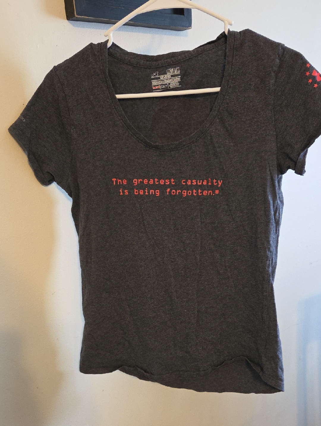 Under Armour Women's Dark Gray Scoop Neck Tee With Red Text